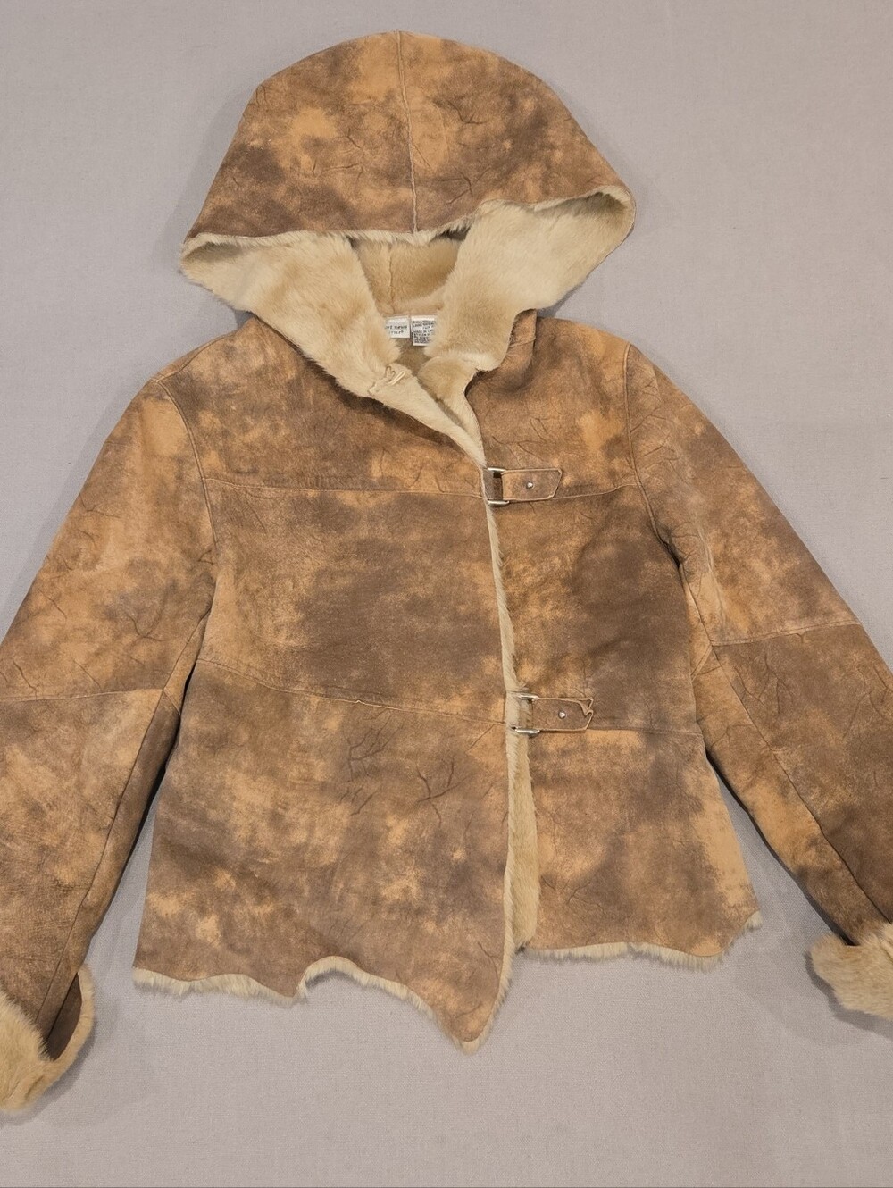 Vintage Newport News Penny Lane Hooded Leather Shearling Jacket Women’s Sz S